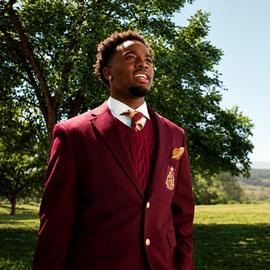 Streamer University student in the maroon crested blazer, gold-striped tie, and pocket square on campus